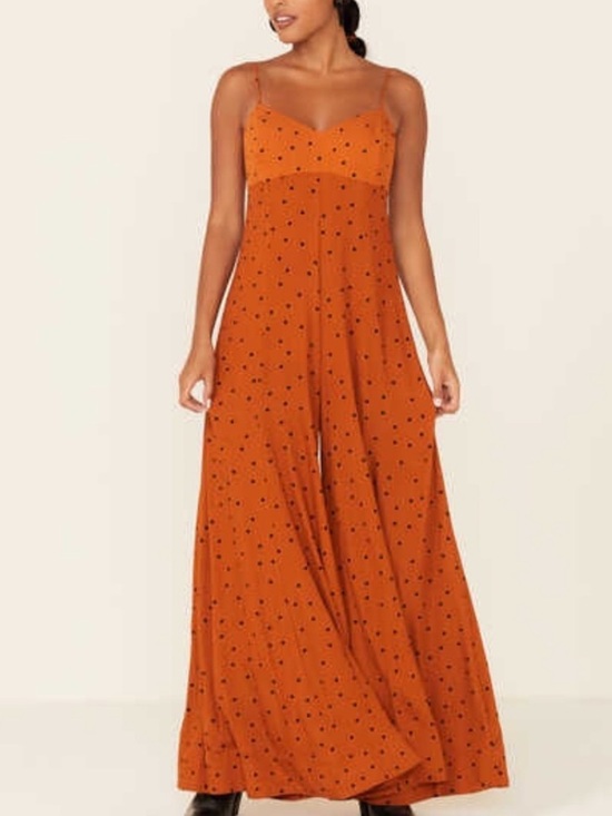 Free People Pants - Free People Rust Orange Polka-Dot Spaghetti-Strap Wide-Leg Jumpsuit